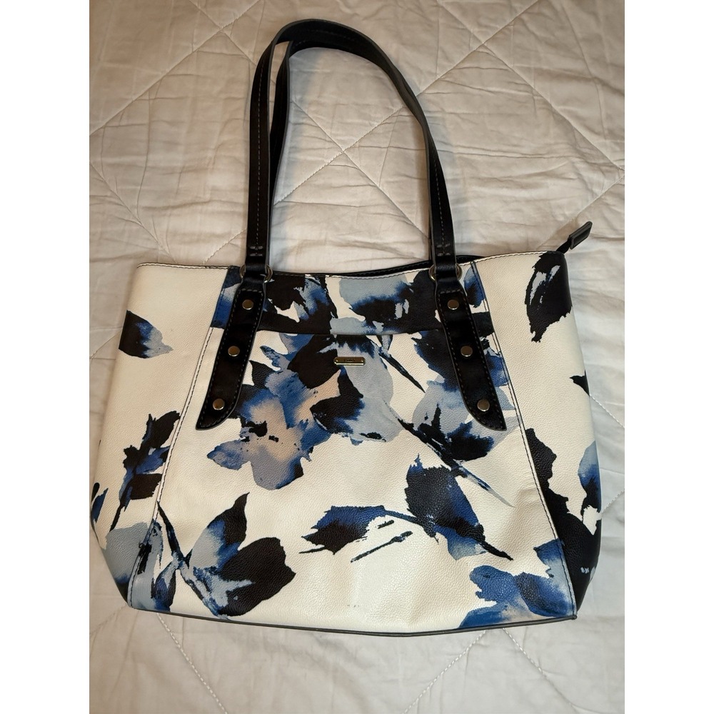 Chaps Floral Tote Bag Blue White Black 16x12" Shoulder Purse Faux Leather‎